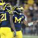 Junior quarterback Denard Robinson points to the sidelines during the first quarter Saturday against Notre Dame.
Melanie Maxwell | AnnArbor.com